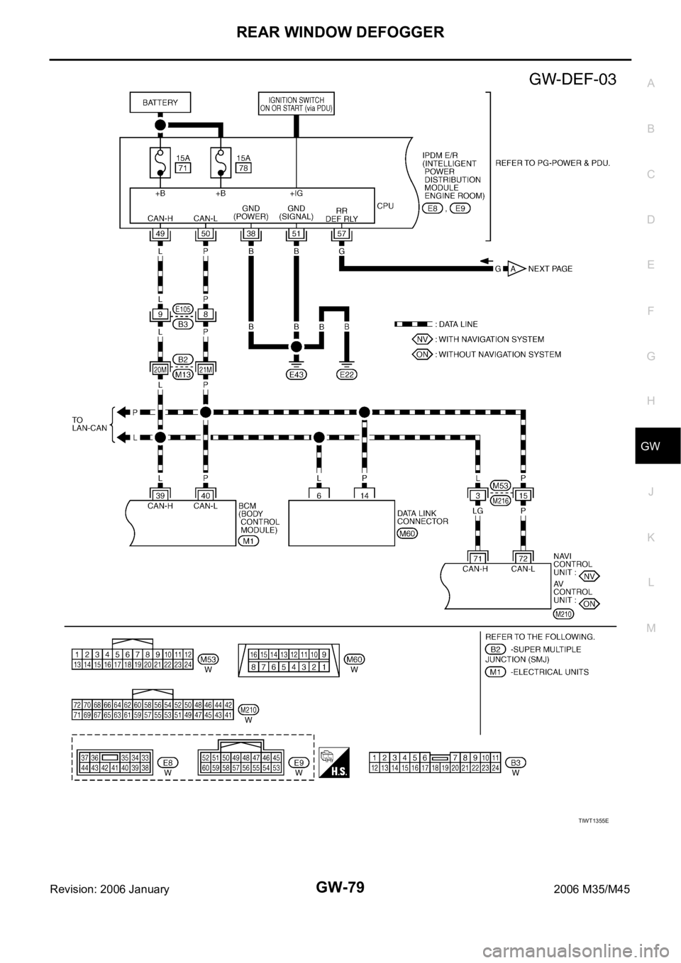 INFINITI M35 2006  Factory Service Manual REAR WINDOW DEFOGGER
GW-79
C
D
E
F
G
H
J
K
L
MA
B
GW
Revision: 2006 January2006 M35/M45
TIWT1355E 