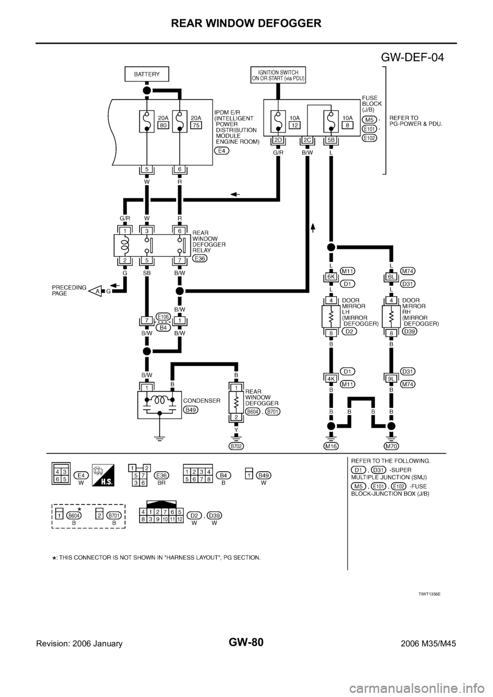 INFINITI M35 2006  Factory Service Manual GW-80
REAR WINDOW DEFOGGER
Revision: 2006 January2006 M35/M45
TIWT1356E 