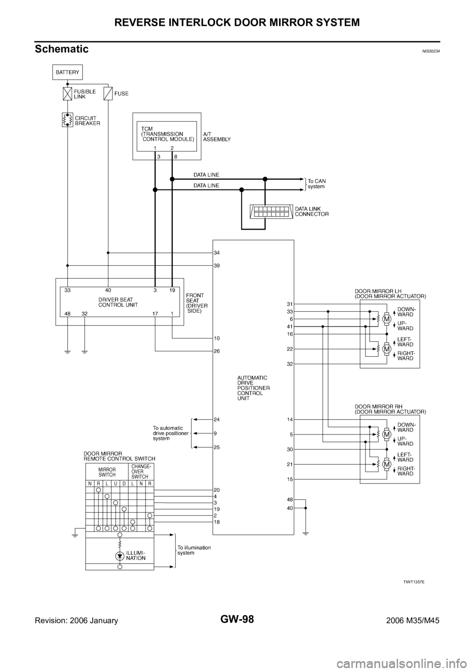 INFINITI M35 2006  Factory Service Manual GW-98
REVERSE INTERLOCK DOOR MIRROR SYSTEM
Revision: 2006 January2006 M35/M45
SchematicNIS00234
TIWT1357E 