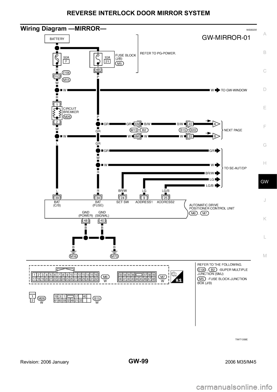 INFINITI M35 2006  Factory Service Manual REVERSE INTERLOCK DOOR MIRROR SYSTEM
GW-99
C
D
E
F
G
H
J
K
L
MA
B
GW
Revision: 2006 January2006 M35/M45
Wiring Diagram —MIRROR—NIS00235
TIWT1358E 