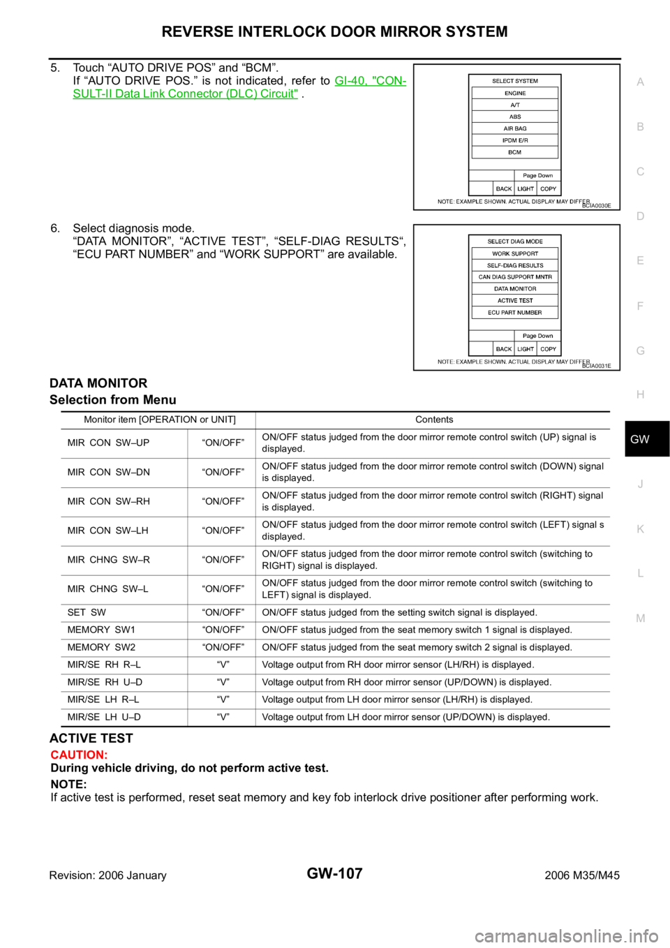 INFINITI M35 2006  Factory Service Manual REVERSE INTERLOCK DOOR MIRROR SYSTEM
GW-107
C
D
E
F
G
H
J
K
L
MA
B
GW
Revision: 2006 January2006 M35/M45
5. Touch “AUTO DRIVE POS” and “BCM”.
If “AUTO DRIVE POS.” is not indicated, refer t