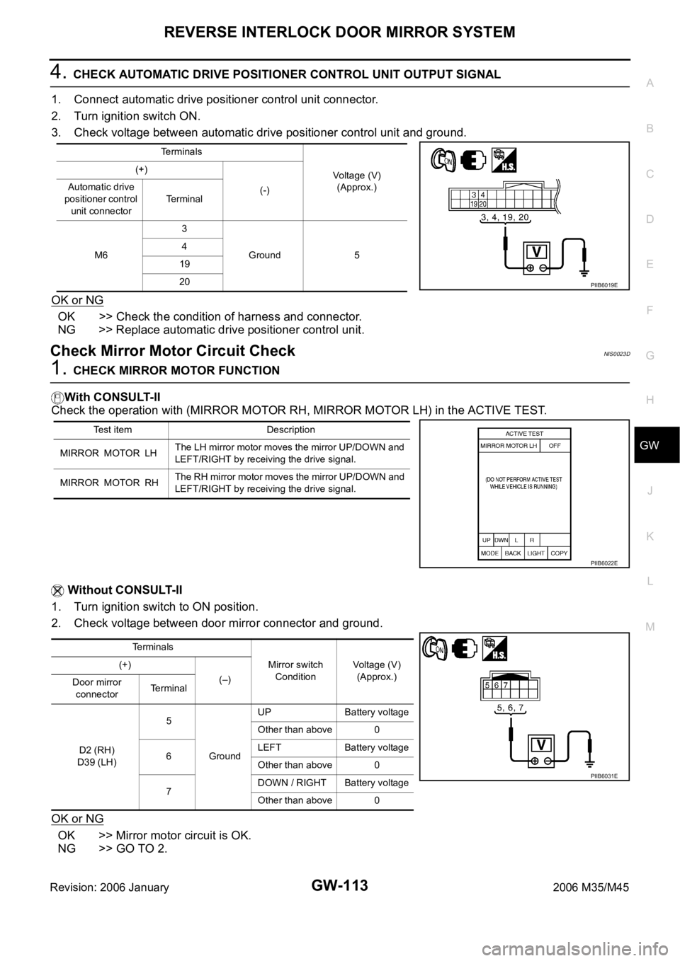 INFINITI M35 2006  Factory Service Manual REVERSE INTERLOCK DOOR MIRROR SYSTEM
GW-113
C
D
E
F
G
H
J
K
L
MA
B
GW
Revision: 2006 January2006 M35/M45
4. CHECK AUTOMATIC DRIVE POSITIONER CONTROL UNIT OUTPUT SIGNAL
1. Connect automatic drive posit