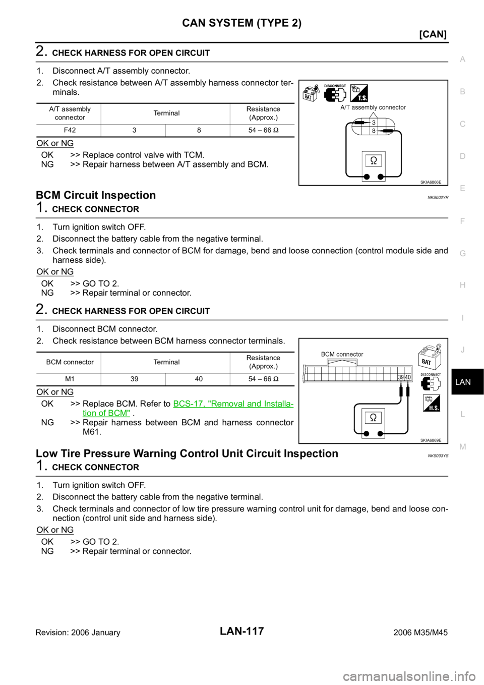 INFINITI M35 2006  Factory Service Manual CAN SYSTEM (TYPE 2)
LAN-117
[CAN]
C
D
E
F
G
H
I
J
L
MA
B
LAN
Revision: 2006 January2006 M35/M45
2. CHECK HARNESS FOR OPEN CIRCUIT
1. Disconnect A/T assembly connector.
2. Check resistance between A/T 