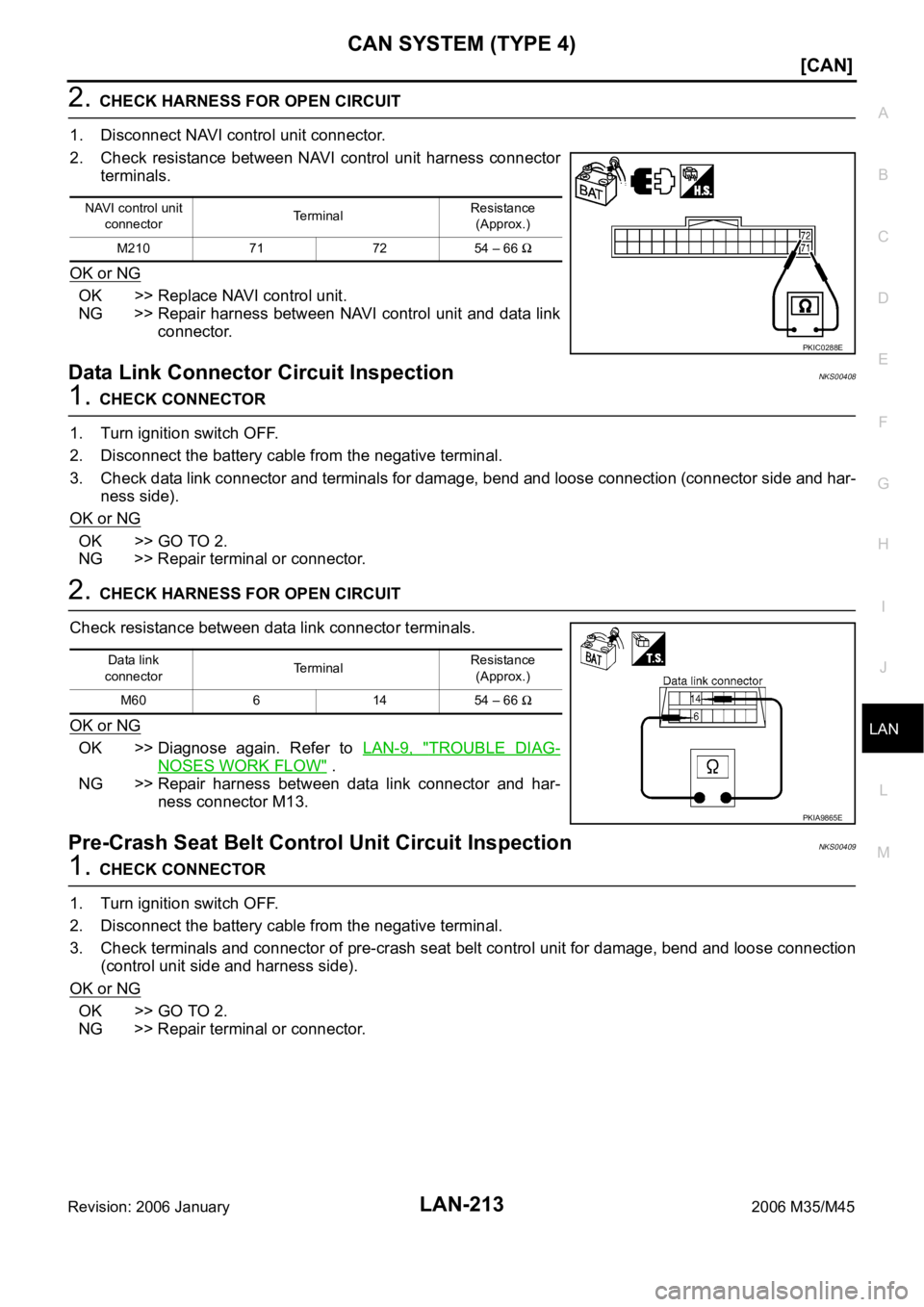 INFINITI M35 2006  Factory Service Manual CAN SYSTEM (TYPE 4)
LAN-213
[CAN]
C
D
E
F
G
H
I
J
L
MA
B
LAN
Revision: 2006 January2006 M35/M45
2. CHECK HARNESS FOR OPEN CIRCUIT
1. Disconnect NAVI control unit connector.
2. Check resistance between