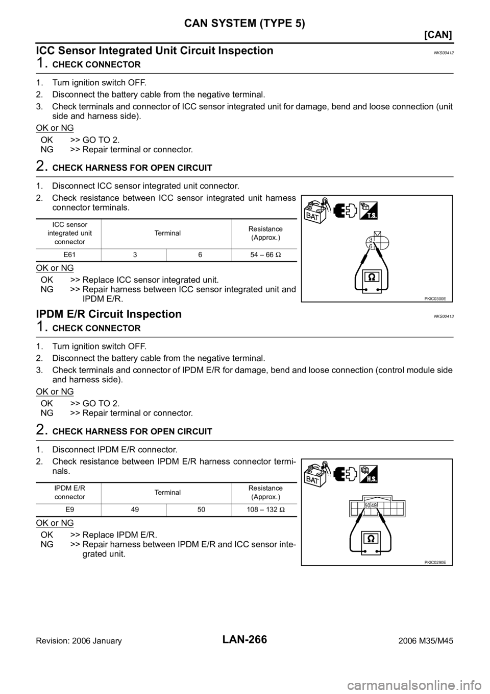 INFINITI M35 2006  Factory Service Manual LAN-266
[CAN]
CAN SYSTEM (TYPE 5)
Revision: 2006 January2006 M35/M45
ICC Sensor Integrated Unit Circuit InspectionNKS00412
1. CHECK CONNECTOR
1. Turn ignition switch OFF.
2. Disconnect the battery cab