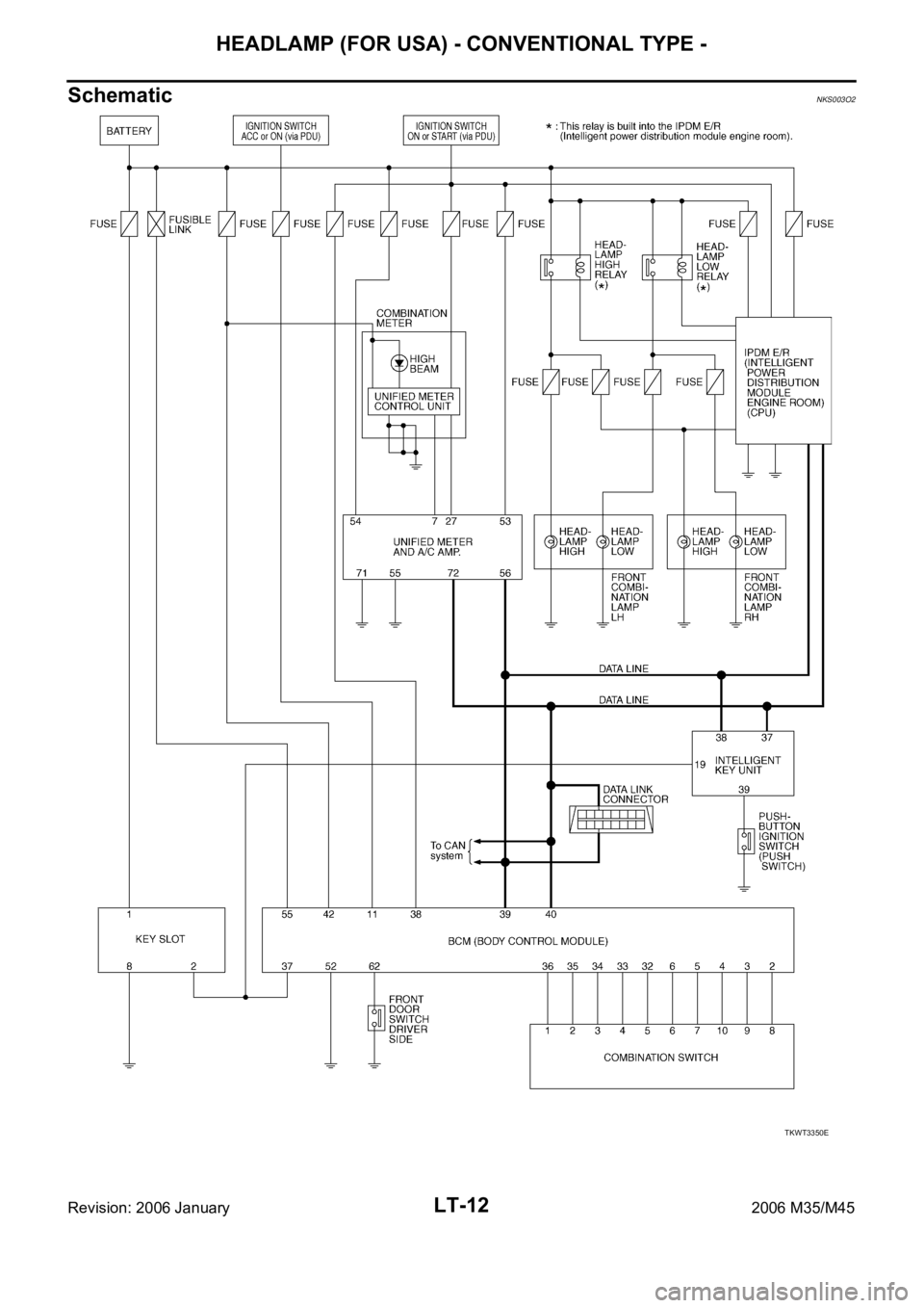 INFINITI M35 2006  Factory Service Manual LT-12
HEADLAMP (FOR USA) - CONVENTIONAL TYPE -
Revision: 2006 January2006 M35/M45
SchematicNKS003O2
TKWT3350E 