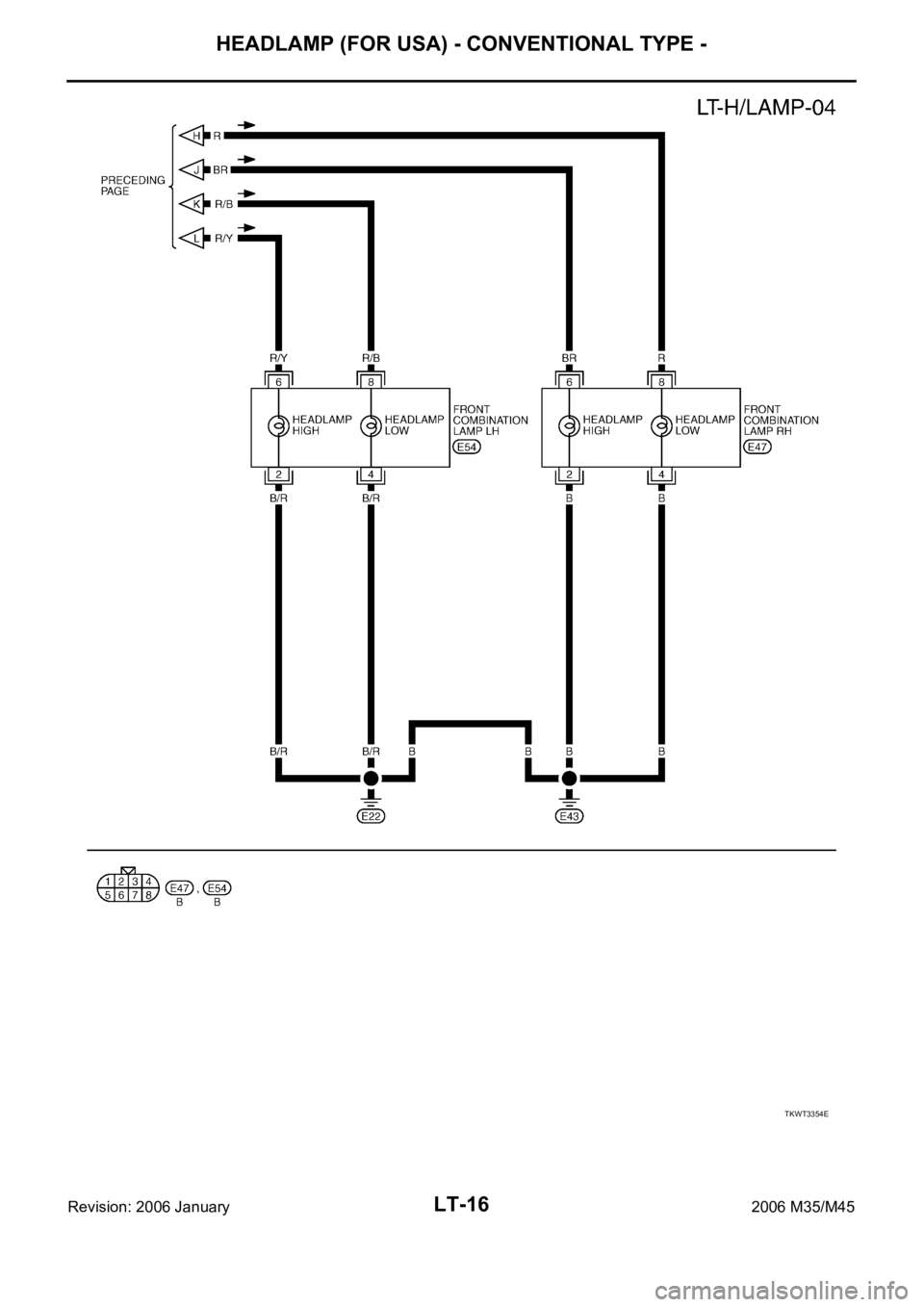INFINITI M35 2006  Factory Service Manual LT-16
HEADLAMP (FOR USA) - CONVENTIONAL TYPE -
Revision: 2006 January2006 M35/M45
TKWT3354E 