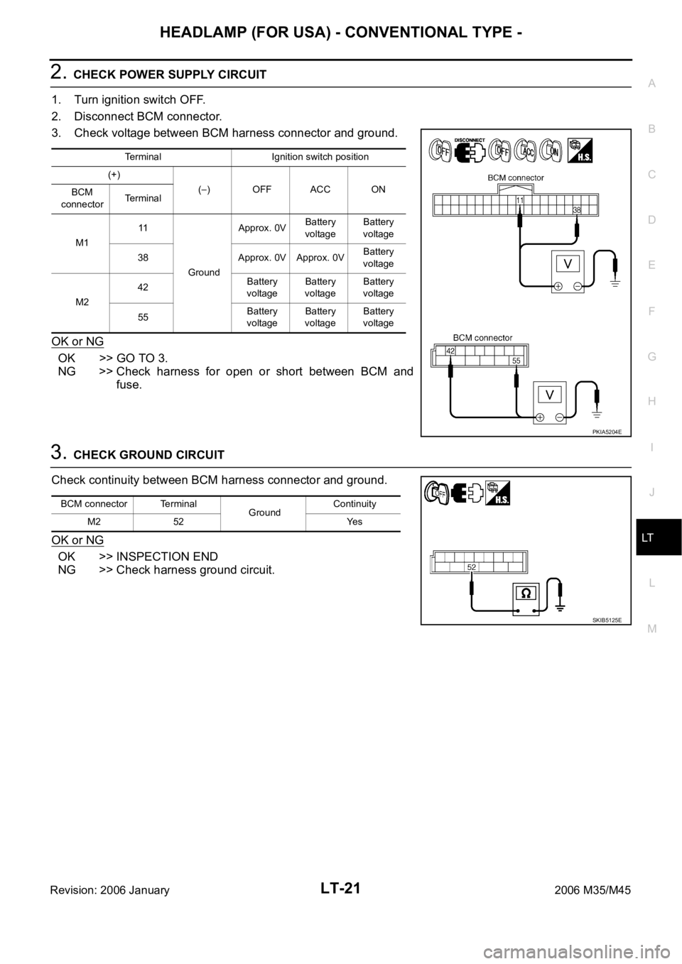 INFINITI M35 2006  Factory Service Manual HEADLAMP (FOR USA) - CONVENTIONAL TYPE -
LT-21
C
D
E
F
G
H
I
J
L
MA
B
LT
Revision: 2006 January2006 M35/M45
2. CHECK POWER SUPPLY CIRCUIT 
1. Turn ignition switch OFF.
2. Disconnect BCM connector.
3. 