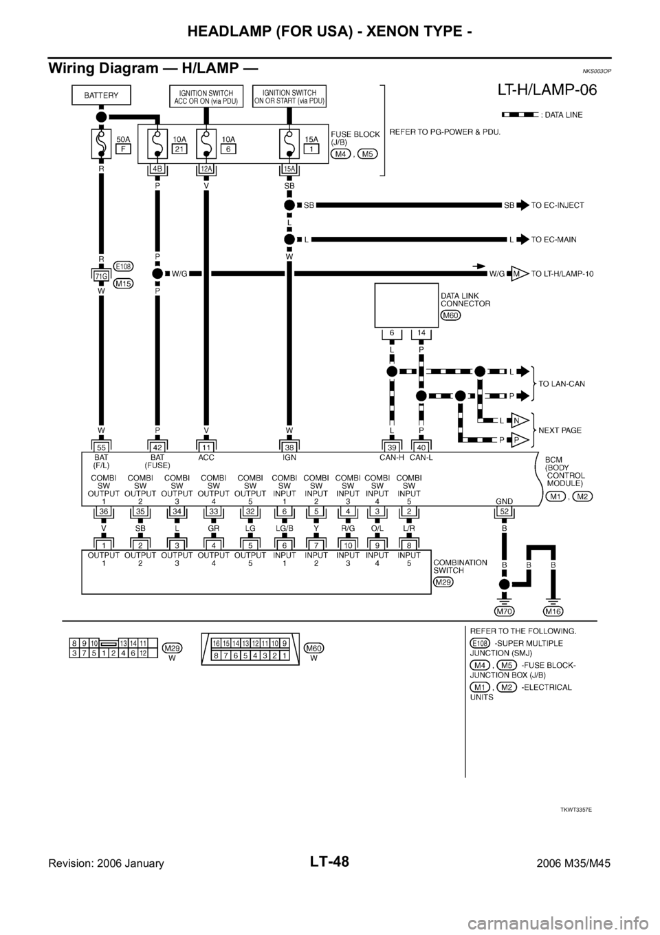 INFINITI M35 2006  Factory Service Manual LT-48
HEADLAMP (FOR USA) - XENON TYPE -
Revision: 2006 January2006 M35/M45
Wiring Diagram — H/LAMP —NKS003OP
TKWT3357E 