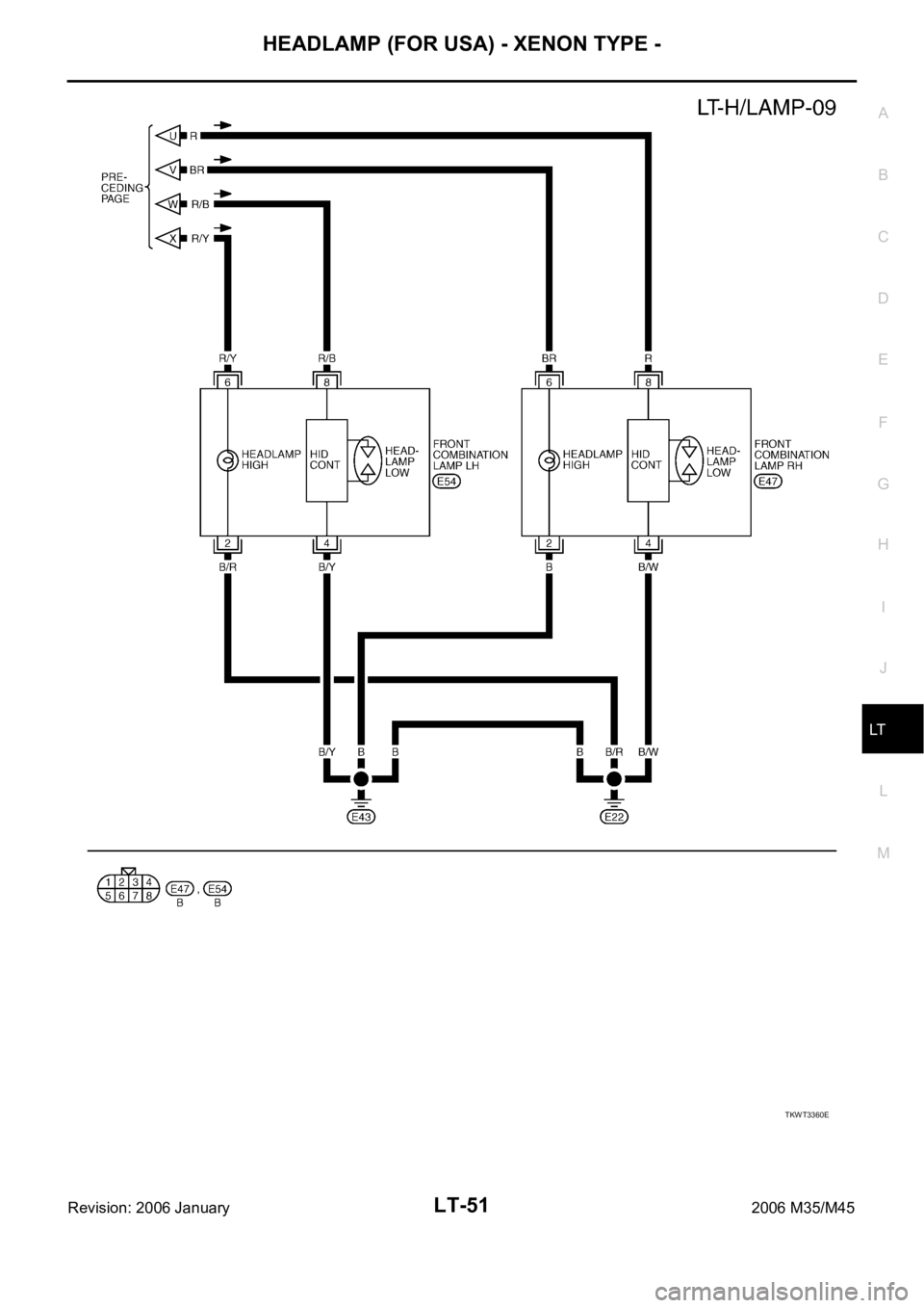INFINITI M35 2006  Factory Service Manual HEADLAMP (FOR USA) - XENON TYPE -
LT-51
C
D
E
F
G
H
I
J
L
MA
B
LT
Revision: 2006 January2006 M35/M45
TKWT3360E 