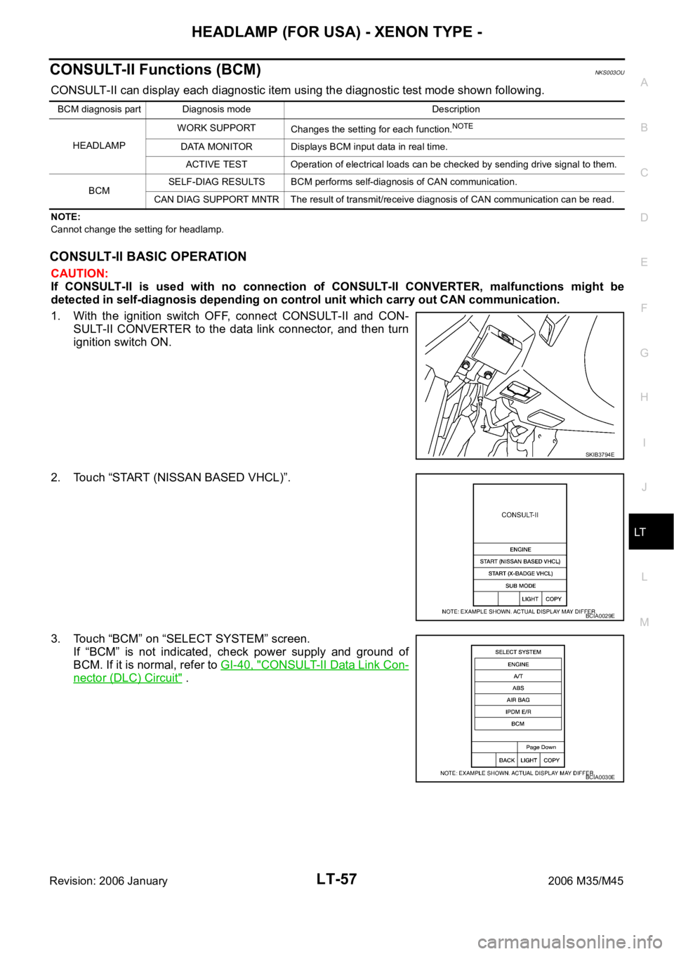 INFINITI M35 2006  Factory Service Manual HEADLAMP (FOR USA) - XENON TYPE -
LT-57
C
D
E
F
G
H
I
J
L
MA
B
LT
Revision: 2006 January2006 M35/M45
CONSULT-II Functions (BCM)NKS003OU
CONSULT-II can display each diagnostic item using the diagnostic