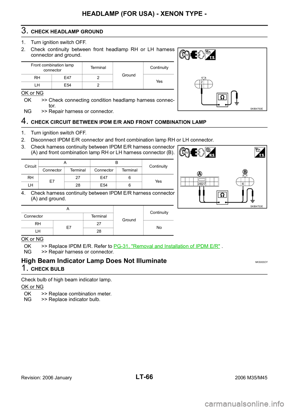 INFINITI M35 2006 Factory Service Manual LT-66
HEADLAMP (FOR USA) - XENON TYPE -
Revision: 2006 January2006 M35/M45
3. CHECK HEADLAMP GROUND
1. Turn ignition switch OFF.
2. Check continuity between front headlamp RH or LH harness
con INFINITI M35 2006 Factory Service Manual LT-66
HEADLAMP (FOR USA) - XENON TYPE -
Revision: 2006 January2006 M35/M45
3. CHECK HEADLAMP GROUND
1. Turn ignition switch OFF.
2. Check continuity between front headlamp RH or LH harness
con