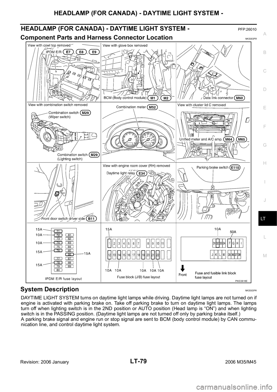INFINITI M35 2006  Factory Service Manual HEADLAMP (FOR CANADA) - DAYTIME LIGHT SYSTEM -
LT-79
C
D
E
F
G
H
I
J
L
MA
B
LT
Revision: 2006 January2006 M35/M45
HEADLAMP (FOR CANADA) - DAYTIME LIGHT SYSTEM -PFP:26010
Component Parts and Harness Co