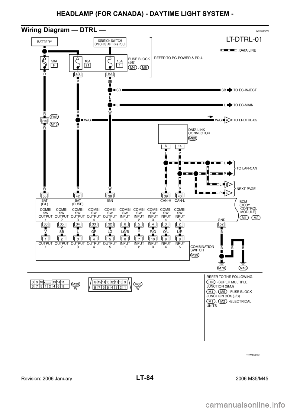 INFINITI M35 2006  Factory Service Manual LT-84
HEADLAMP (FOR CANADA) - DAYTIME LIGHT SYSTEM -
Revision: 2006 January2006 M35/M45
Wiring Diagram — DTRL —NKS003PD
TKWT3363E 