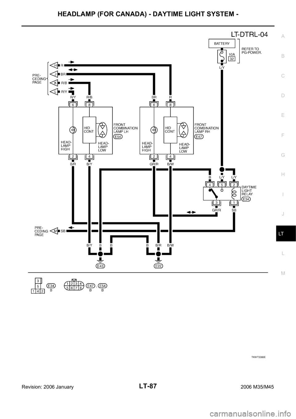 INFINITI M35 2006  Factory Service Manual HEADLAMP (FOR CANADA) - DAYTIME LIGHT SYSTEM -
LT-87
C
D
E
F
G
H
I
J
L
MA
B
LT
Revision: 2006 January2006 M35/M45
TKWT3366E 