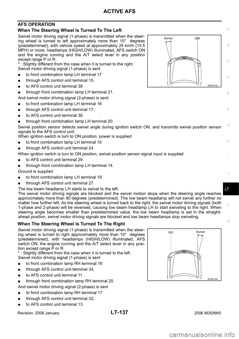 INFINITI M35 2006 Factory Service Manual ACTIVE AFS
LT-137
C
D
E
F
G
H
I
J
L
MA
B
LT
Revision: 2006 January2006 M35/M45
AFS OPERATION
When The Steering Wheel Is Turned To The Left
Swivel motor driving signal (1-phase) is transmitted when INFINITI M35 2006 Factory Service Manual ACTIVE AFS
LT-137
C
D
E
F
G
H
I
J
L
MA
B
LT
Revision: 2006 January2006 M35/M45
AFS OPERATION
When The Steering Wheel Is Turned To The Left
Swivel motor driving signal (1-phase) is transmitted when