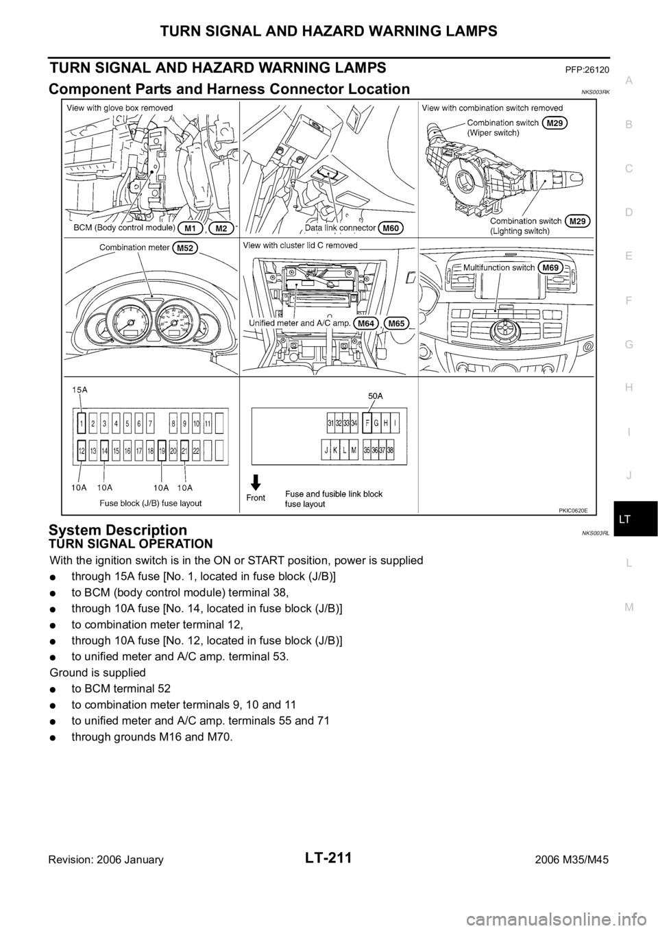 INFINITI M35 2006  Factory Service Manual TURN SIGNAL AND HAZARD WARNING LAMPS
LT-211
C
D
E
F
G
H
I
J
L
MA
B
LT
Revision: 2006 January2006 M35/M45
TURN SIGNAL AND HAZARD WARNING LAMPSPFP:26120
Component Parts and Harness Connector LocationNKS