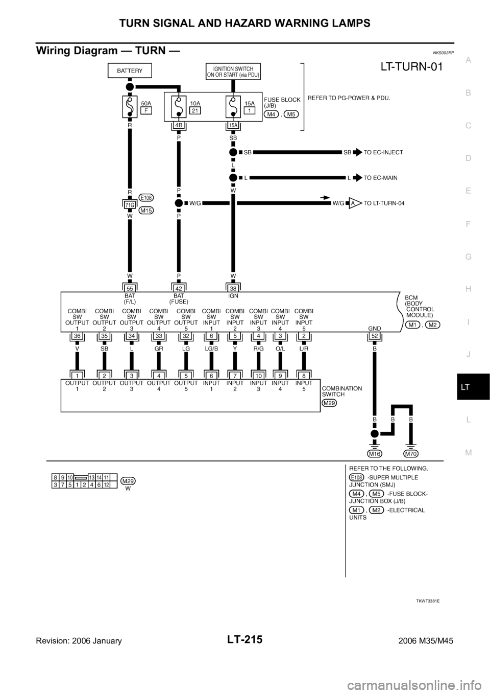 INFINITI M35 2006  Factory Service Manual TURN SIGNAL AND HAZARD WARNING LAMPS
LT-215
C
D
E
F
G
H
I
J
L
MA
B
LT
Revision: 2006 January2006 M35/M45
Wiring Diagram — TURN —NKS003RP
TKWT3381E 