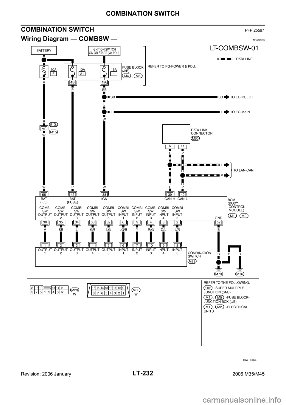INFINITI M35 2006  Factory Service Manual LT-232
COMBINATION SWITCH
Revision: 2006 January2006 M35/M45
COMBINATION SWITCHPFP:25567
Wiring Diagram — COMBSW —NKS003S5
TKWT3385E 