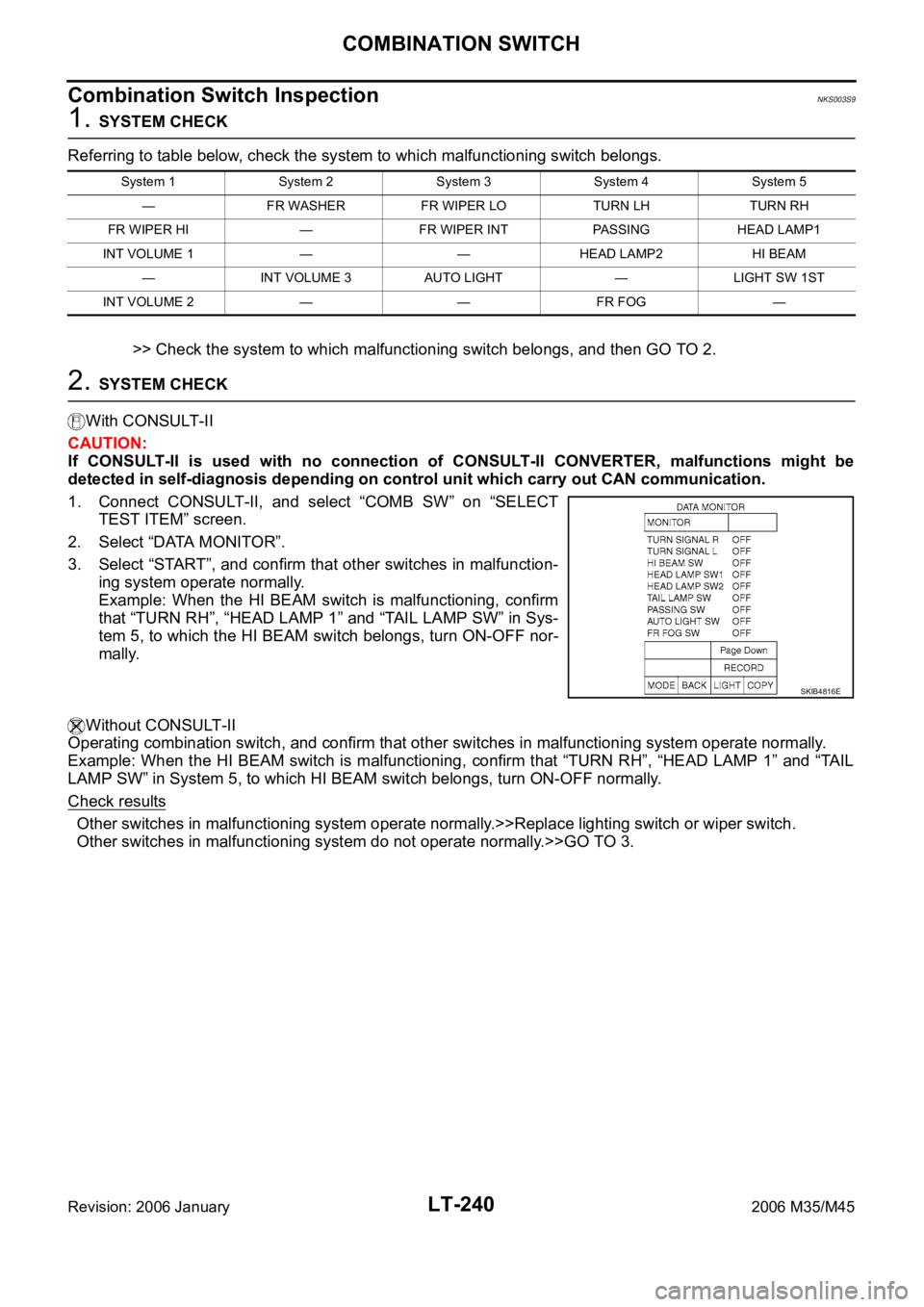 INFINITI M35 2006 Factory Service Manual LT-240
COMBINATION SWITCH
Revision: 2006 January2006 M35/M45
Combination Switch InspectionNKS003S9
1. SYSTEM CHECK
Referring to table below, check the system to which malfunctioning switch belongs.
>> INFINITI M35 2006 Factory Service Manual LT-240
COMBINATION SWITCH
Revision: 2006 January2006 M35/M45
Combination Switch InspectionNKS003S9
1. SYSTEM CHECK
Referring to table below, check the system to which malfunctioning switch belongs.
>>