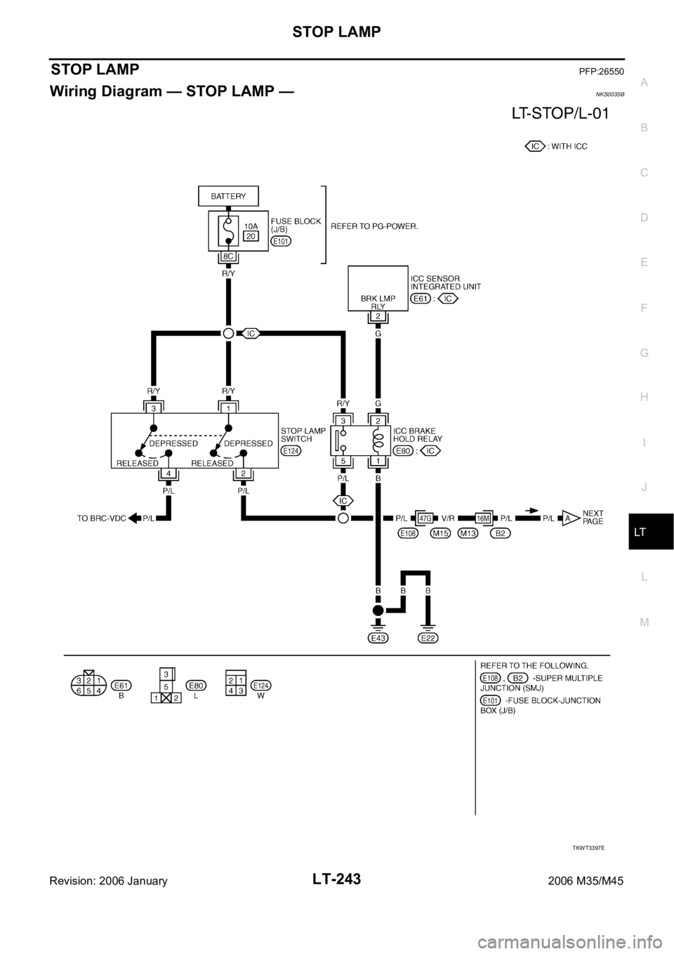 INFINITI M35 2006  Factory Service Manual STOP LAMP
LT-243
C
D
E
F
G
H
I
J
L
MA
B
LT
Revision: 2006 January2006 M35/M45
STOP LAMPPFP:26550
Wiring Diagram — STOP LAMP —NKS003SB
TKWT3397E 