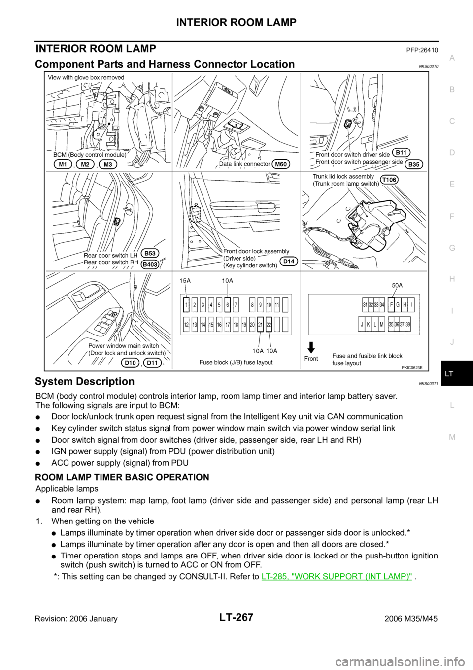 INFINITI M35 2006  Factory Service Manual INTERIOR ROOM LAMP
LT-267
C
D
E
F
G
H
I
J
L
MA
B
LT
Revision: 2006 January2006 M35/M45
INTERIOR ROOM LAMPPFP:26410
Component Parts and Harness Connector LocationNKS003T0
System DescriptionNKS003T1
BCM