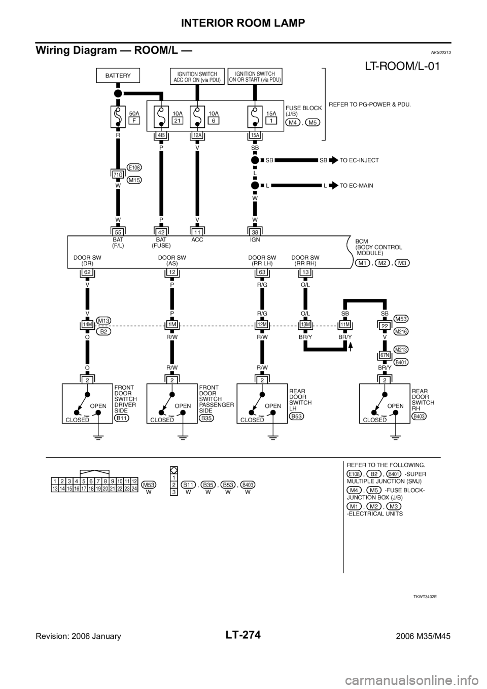 INFINITI M35 2006  Factory Service Manual LT-274
INTERIOR ROOM LAMP
Revision: 2006 January2006 M35/M45
Wiring Diagram — ROOM/L —NKS003T3
TKWT3402E 