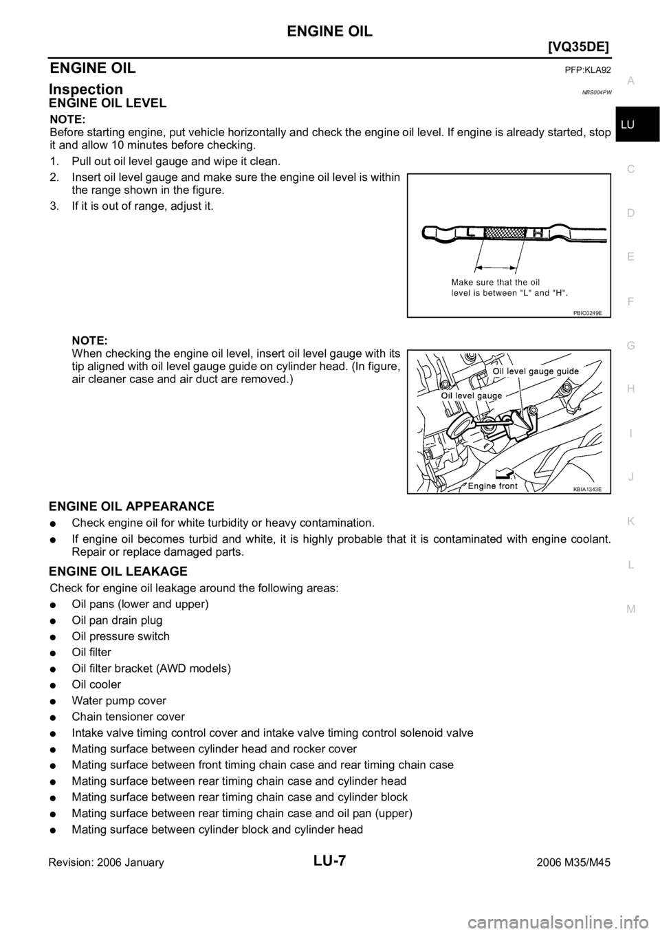 INFINITI M35 2006  Factory Service Manual ENGINE OIL
LU-7
[VQ35DE]
C
D
E
F
G
H
I
J
K
L
MA
LU
Revision: 2006 January2006 M35/M45
ENGINE OILPFP:KLA92
InspectionNBS004PW
ENGINE OIL LEVEL
NOTE:
Before starting engine, put vehicle horizontally and