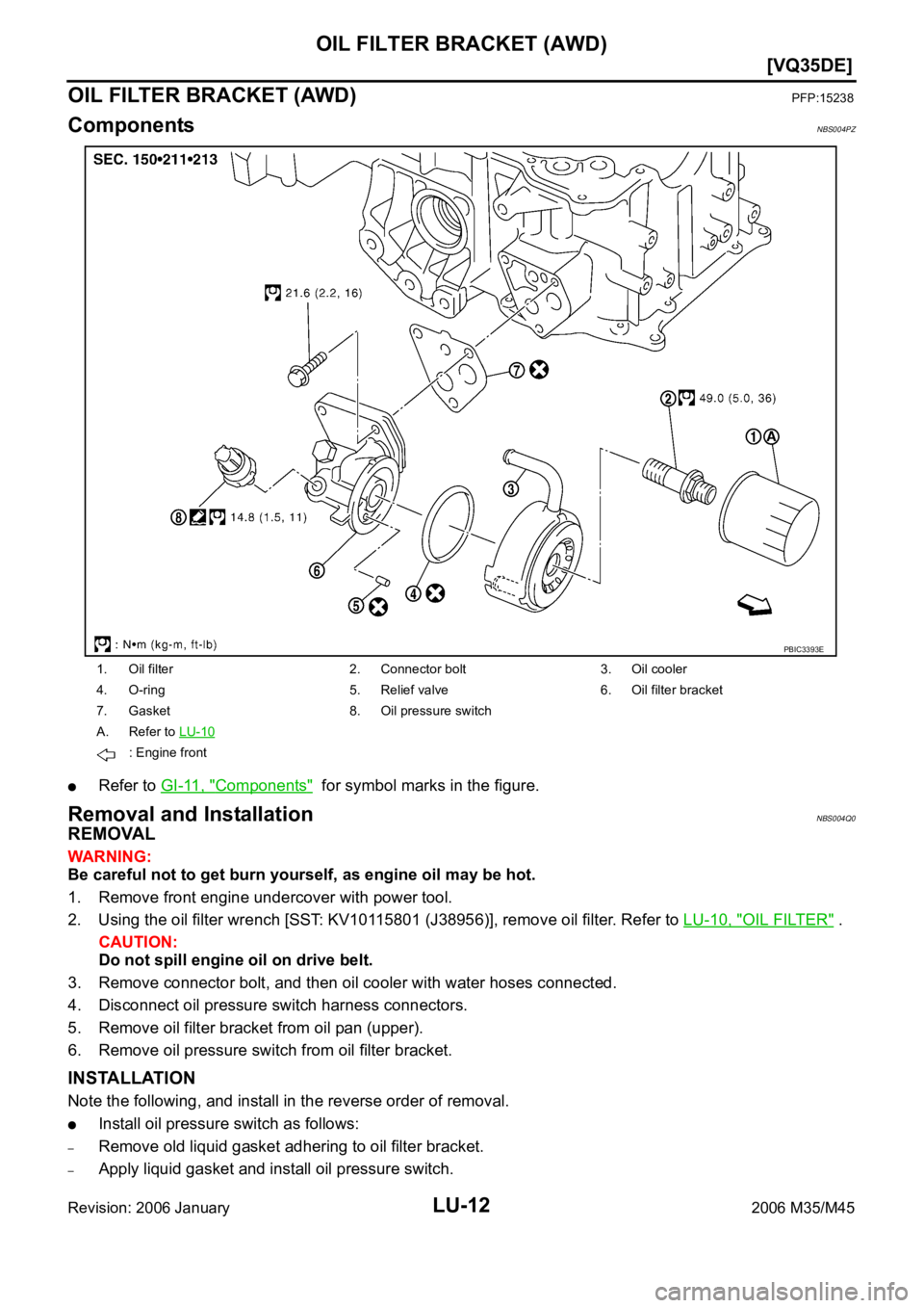 INFINITI M35 2006  Factory Service Manual LU-12
[VQ35DE]
OIL FILTER BRACKET (AWD)
Revision: 2006 January2006 M35/M45
OIL FILTER BRACKET (AWD)PFP:15238
ComponentsNBS004PZ
Refer to GI-11, "Components"  for symbol marks in the figure.
Re