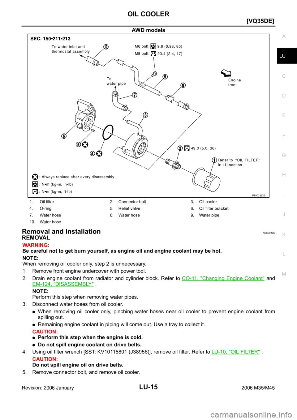 INFINITI M35 2006  Factory Service Manual OIL COOLER
LU-15
[VQ35DE]
C
D
E
F
G
H
I
J
K
L
MA
LU
Revision: 2006 January2006 M35/M45
AWD models
Removal and InstallationNBS004Q2
REMOVAL
WAR NING :
Be careful not to get burn yourself, as engine oil