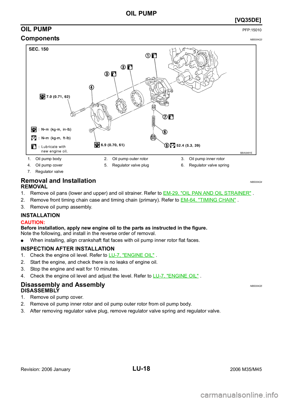 INFINITI M35 2006  Factory Service Manual LU-18
[VQ35DE]
OIL PUMP
Revision: 2006 January2006 M35/M45
OIL PUMPPFP:15010
ComponentsNBS004Q3
Removal and InstallationNBS004Q4
REMOVAL
1. Remove oil pans (lower and upper) and oil strainer. Refer to