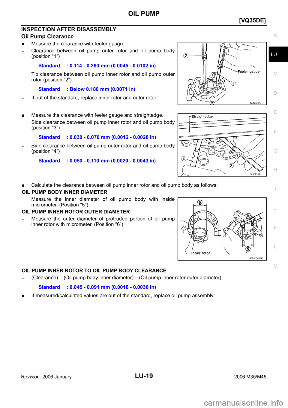 INFINITI M35 2006  Factory Service Manual OIL PUMP
LU-19
[VQ35DE]
C
D
E
F
G
H
I
J
K
L
MA
LU
Revision: 2006 January2006 M35/M45
INSPECTION AFTER DISASSEMBLY
Oil Pump Clearance
Measure the clearance with feeler gauge.
–Clearance  between  oil