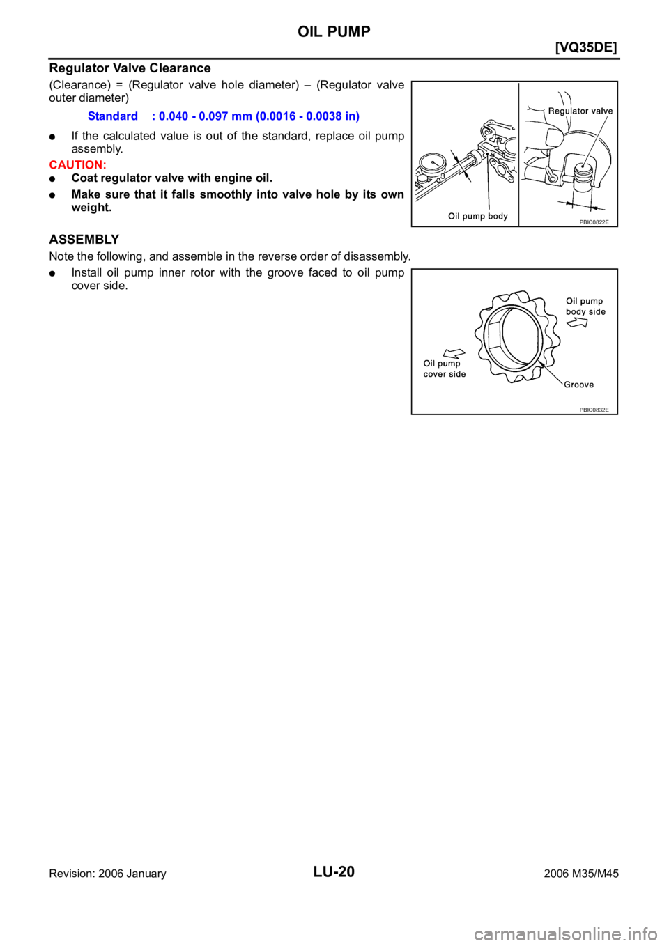INFINITI M35 2006  Factory Service Manual LU-20
[VQ35DE]
OIL PUMP
Revision: 2006 January2006 M35/M45
Regulator Valve Clearance
(Clearance)  =  (Regulator  valve  hole  diameter)  –  (Regulator  valve
outer diameter)
If  the  calculated  val