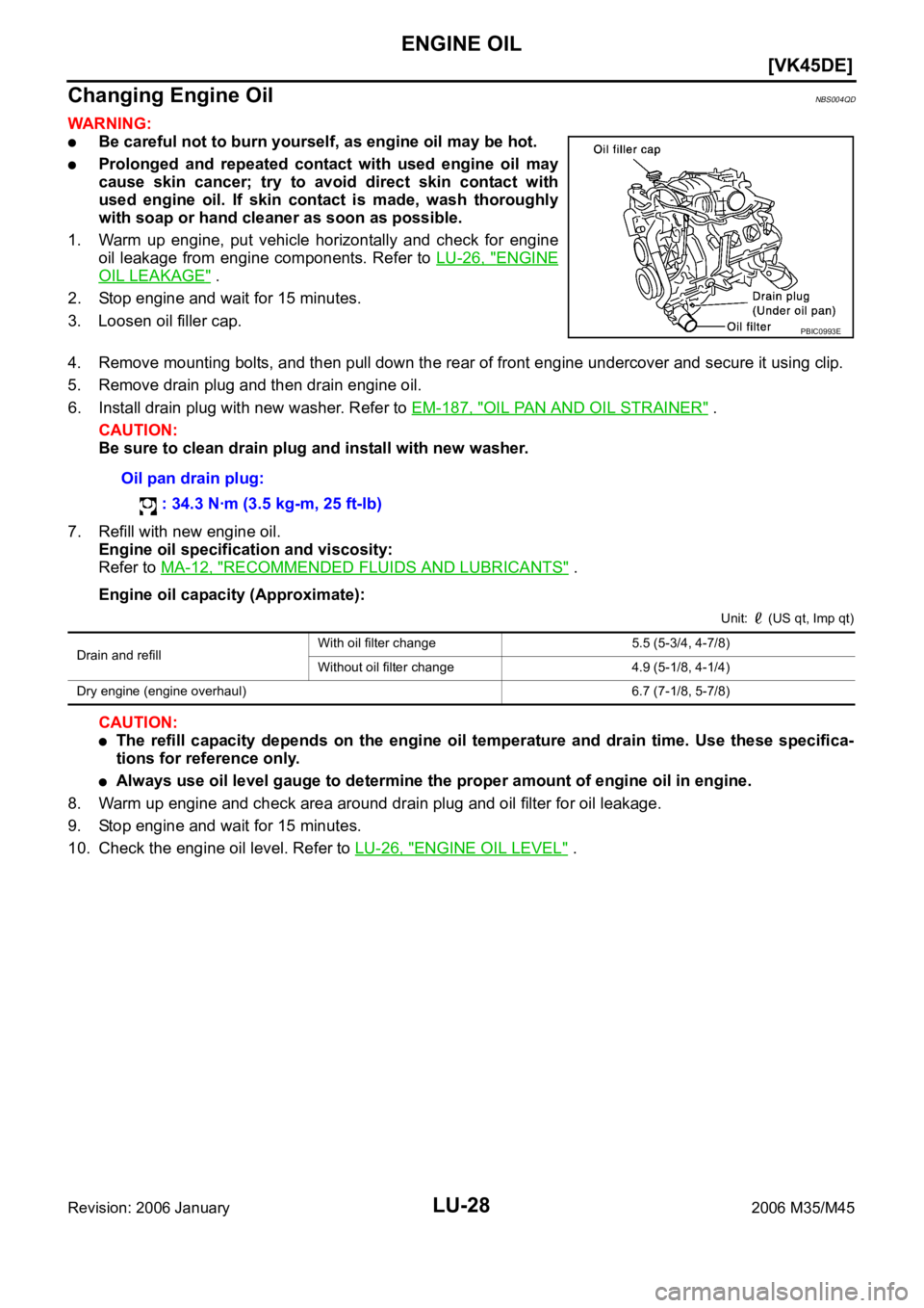 INFINITI M35 2006  Factory Service Manual LU-28
[VK45DE]
ENGINE OIL
Revision: 2006 January2006 M35/M45
Changing Engine OilNBS004QD
WAR NING :
Be careful not to burn yourself, as engine oil may be hot.
Prolonged  and  repeated  contact  with  
