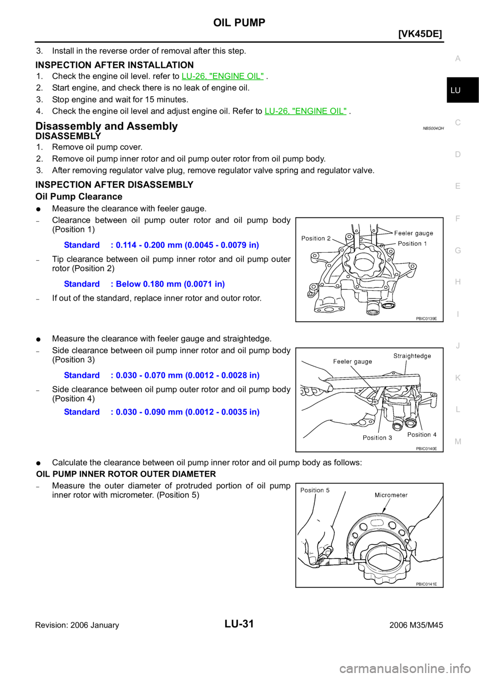 INFINITI M35 2006  Factory Service Manual OIL PUMP
LU-31
[VK45DE]
C
D
E
F
G
H
I
J
K
L
MA
LU
Revision: 2006 January2006 M35/M45
3. Install in the reverse order of removal after this step.
INSPECTION AFTER INSTALLATION
1. Check the engine oil l
