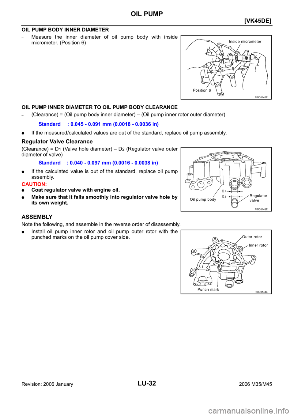 INFINITI M35 2006  Factory Service Manual LU-32
[VK45DE]
OIL PUMP
Revision: 2006 January2006 M35/M45
OIL PUMP BODY INNER DIAMETER
–Measure  the  inner  diameter  of  oil  pump  body  with  inside
micrometer. (Position 6)
OIL PUMP INNER DIAM
