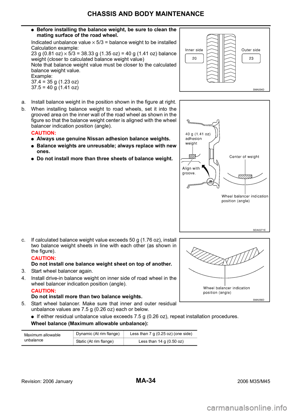 INFINITI M35 2006  Factory Service Manual MA-34
CHASSIS AND BODY MAINTENANCE
Revision: 2006 January2006 M35/M45
Before installing the balance weight, be sure to clean the
mating surface of the road wheel.
Indicated unbalance value 
 5/3 = bal
