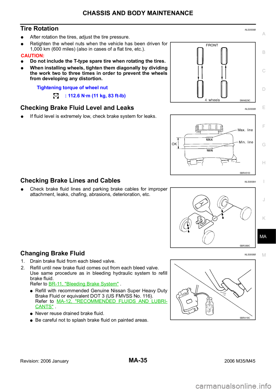 INFINITI M35 2006  Factory Service Manual CHASSIS AND BODY MAINTENANCE
MA-35
C
D
E
F
G
H
I
J
K
MA
B
MA
Revision: 2006 January2006 M35/M45
Tire RotationNLS00088
After rotation the tires, adjust the tire pressure.
Retighten  the  wheel  nuts  w