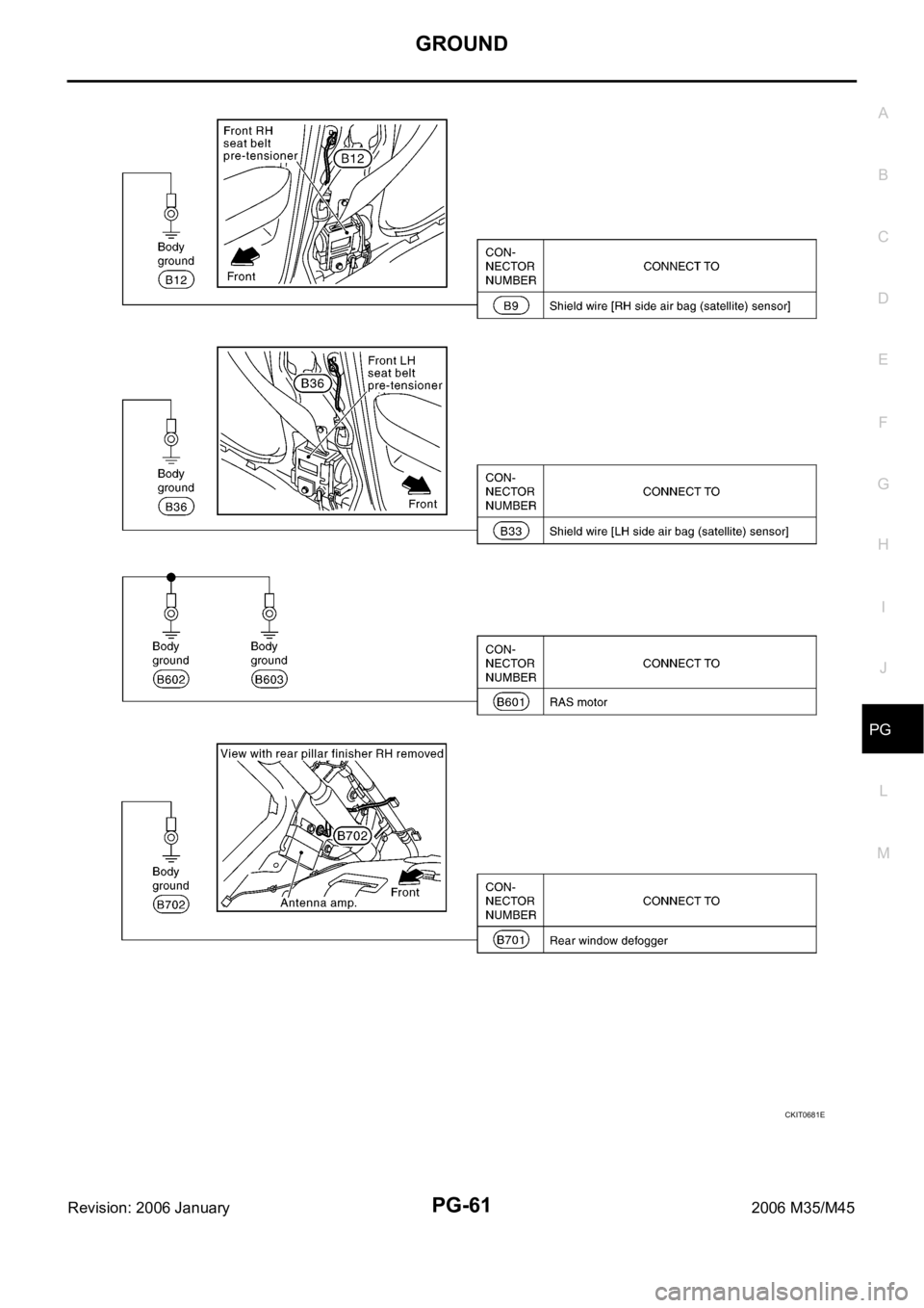 INFINITI M35 2006  Factory Service Manual GROUND
PG-61
C
D
E
F
G
H
I
J
L
MA
B
PG
Revision: 2006 January2006 M35/M45
CKIT0681E 