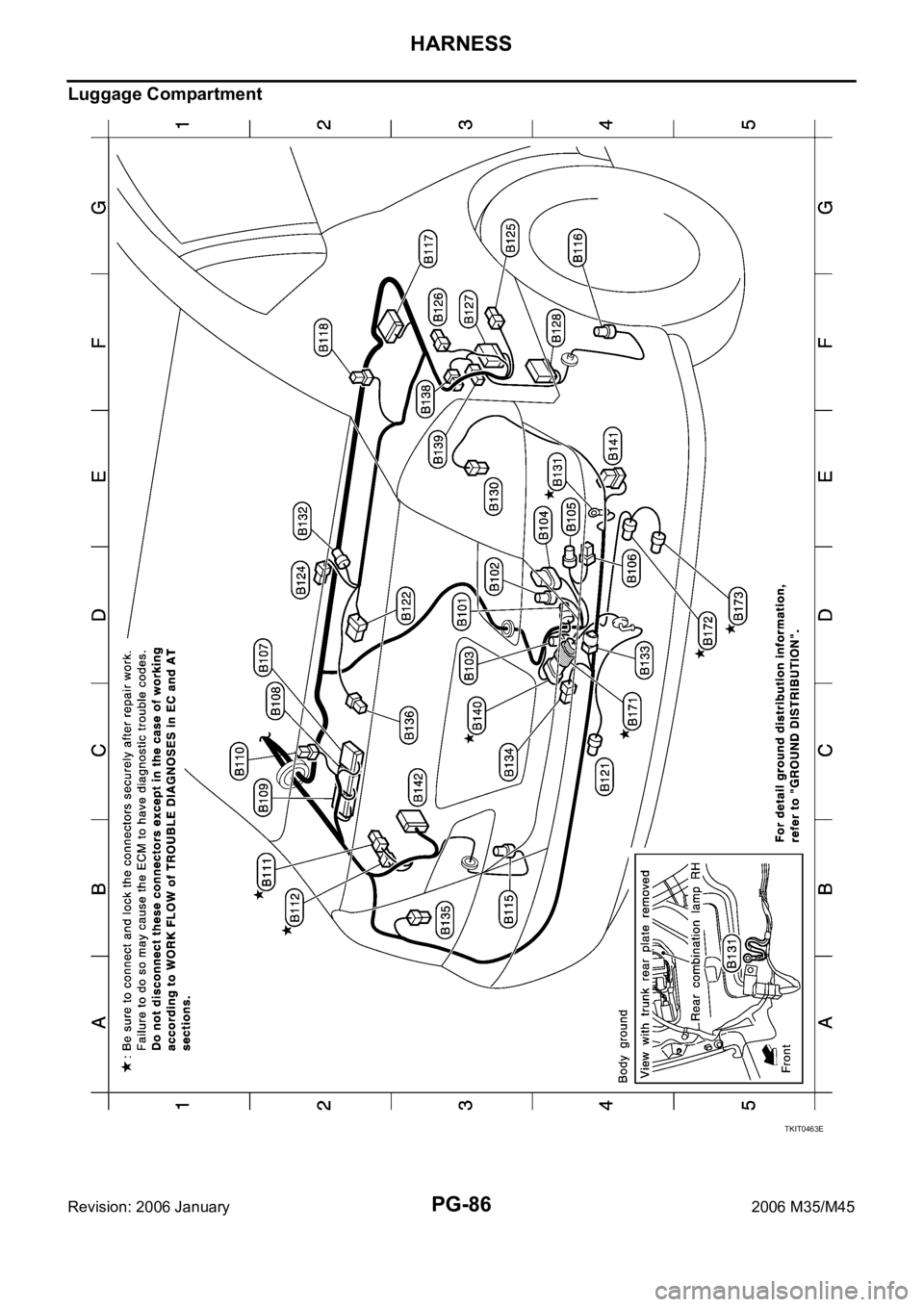 INFINITI M35 2006  Factory Service Manual PG-86
HARNESS
Revision: 2006 January2006 M35/M45
Luggage Compartment
TKIT0463E 