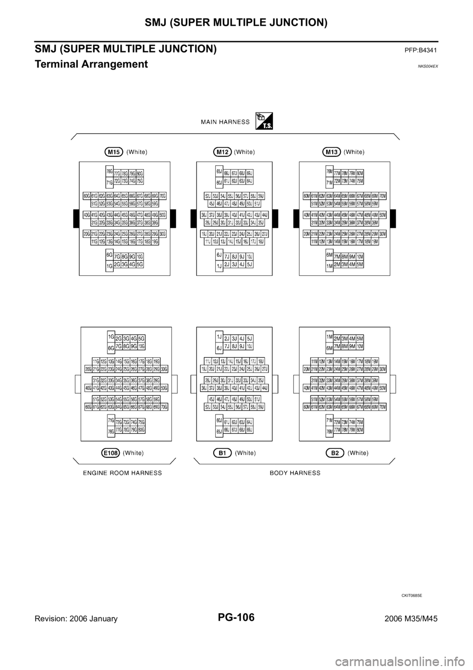 INFINITI M35 2006  Factory Service Manual PG-106
SMJ (SUPER MULTIPLE JUNCTION)
Revision: 2006 January2006 M35/M45
SMJ (SUPER MULTIPLE JUNCTION)PFP:B4341
Terminal ArrangementNKS004EX
CKIT0685E 