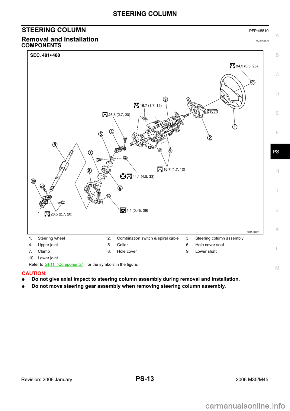 INFINITI M35 2006  Factory Service Manual STEERING COLUMN
PS-13
C
D
E
F
H
I
J
K
L
MA
B
PS
Revision: 2006 January2006 M35/M45
STEERING COLUMNPFP:48810
Removal and InstallationNGS000DA
COMPONENTS
CAUTION:
Do not give axial impact to steering co