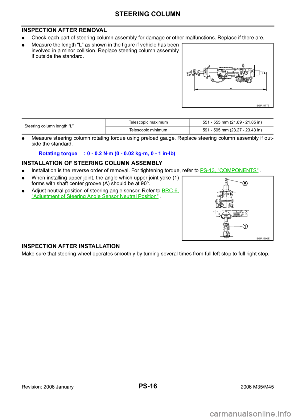 INFINITI M35 2006  Factory Service Manual PS-16
STEERING COLUMN
Revision: 2006 January2006 M35/M45
INSPECTION AFTER REMOVAL
Check each part of steering column assembly for damage or other malfunctions. Replace if there are.
Measure the length