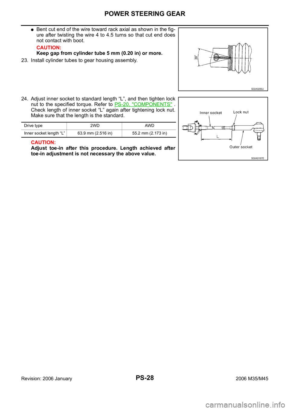 INFINITI M35 2006  Factory Service Manual PS-28
POWER STEERING GEAR
Revision: 2006 January2006 M35/M45
Bent cut end of the wire toward rack axial as shown in the fig-
ure  after  twisting  the  wire  4  to  4.5  turns  so  that  cut  end  doe
