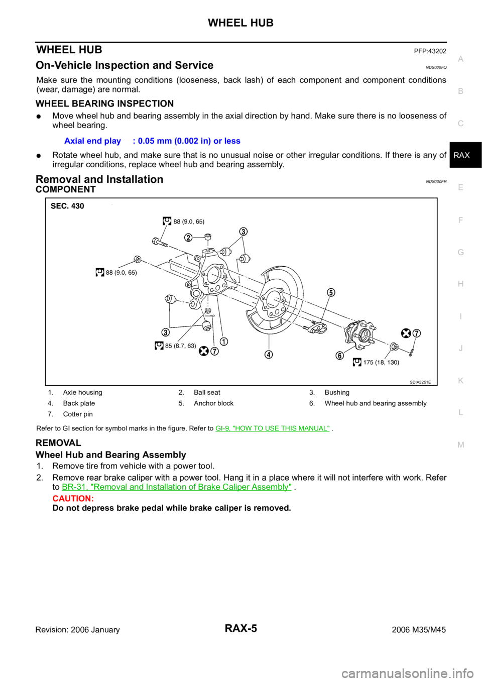 INFINITI M35 2006  Factory Service Manual WHEEL HUB
RAX-5
C
E
F
G
H
I
J
K
L
MA
B
RAX
Revision: 2006 January2006 M35/M45
WHEEL HUBPFP:43202
On-Vehicle Inspection and ServiceNDS000FQ
Make  sure  the  mounting  conditions  (looseness,  back  las