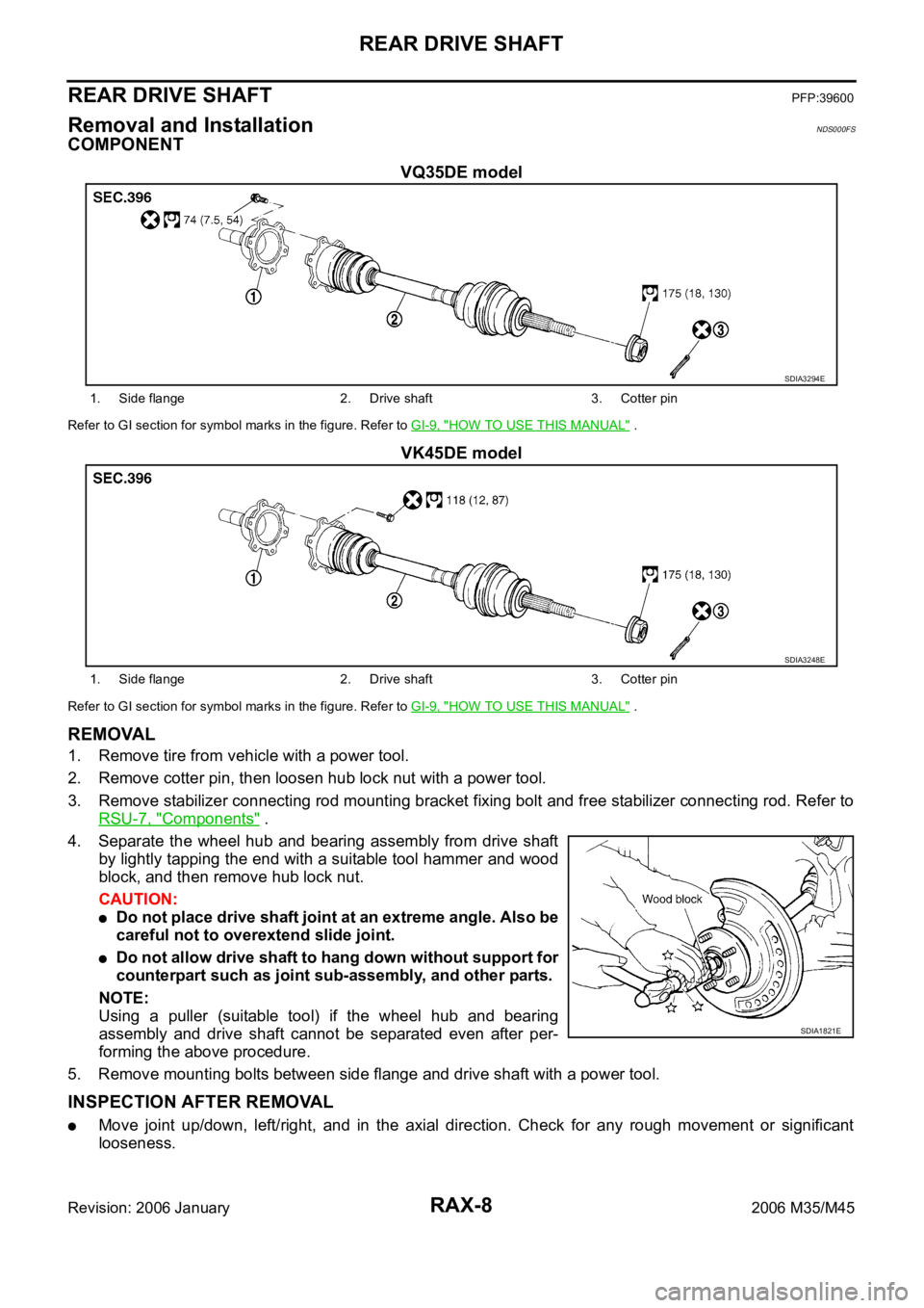 INFINITI M35 2006  Factory Service Manual RAX-8
REAR DRIVE SHAFT
Revision: 2006 January2006 M35/M45
REAR DRIVE SHAFTPFP:39600
Removal and InstallationNDS000FS
COMPONENT
VQ35DE model
Refer to GI section for symbol marks in the figure. Refer to
