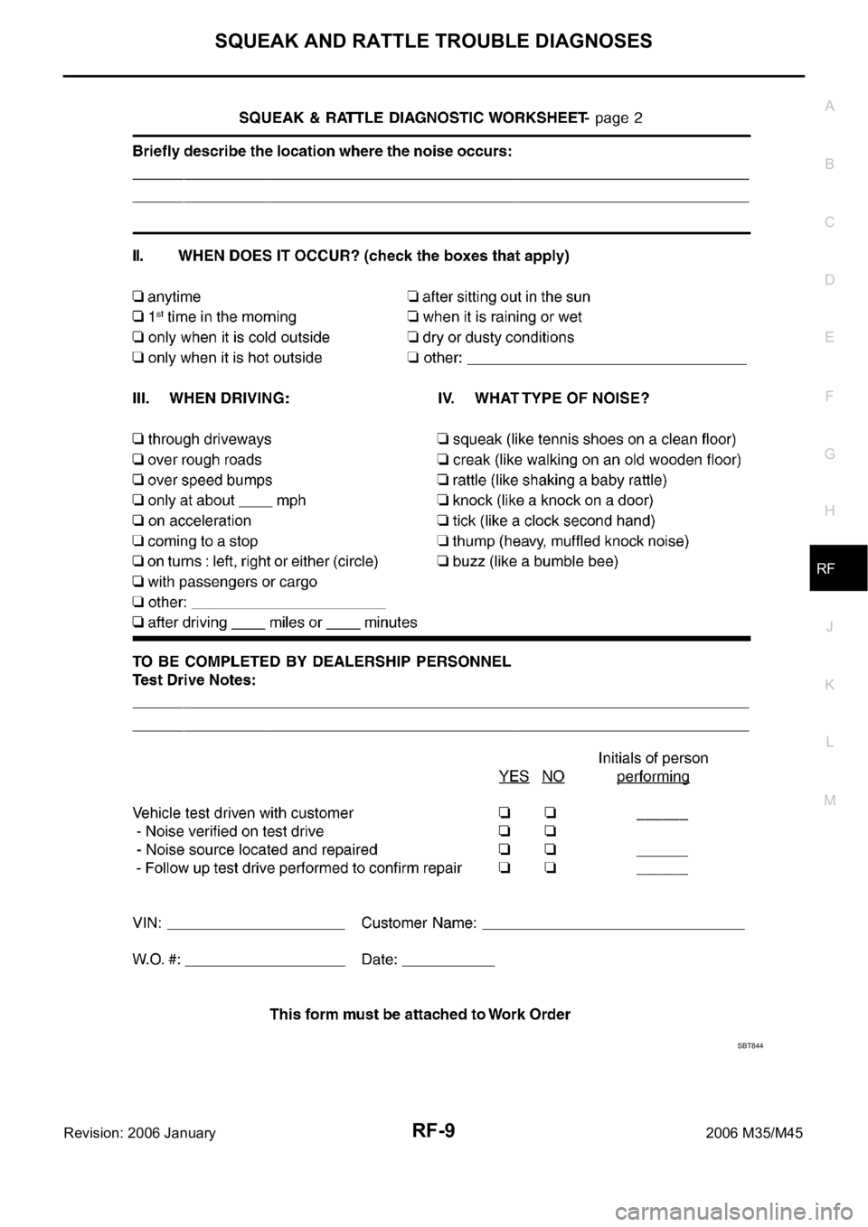 INFINITI M35 2006  Factory Service Manual SQUEAK AND RATTLE TROUBLE DIAGNOSES
RF-9
C
D
E
F
G
H
J
K
L
MA
B
RF
Revision: 2006 January2006 M35/M45
SBT844 