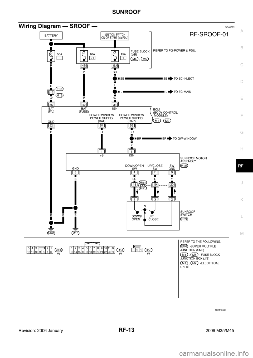 INFINITI M35 2006  Factory Service Manual SUNROOF
RF-13
C
D
E
F
G
H
J
K
L
MA
B
RF
Revision: 2006 January2006 M35/M45
Wiring Diagram — SROOF —NIS0023S
TIWT1334E 