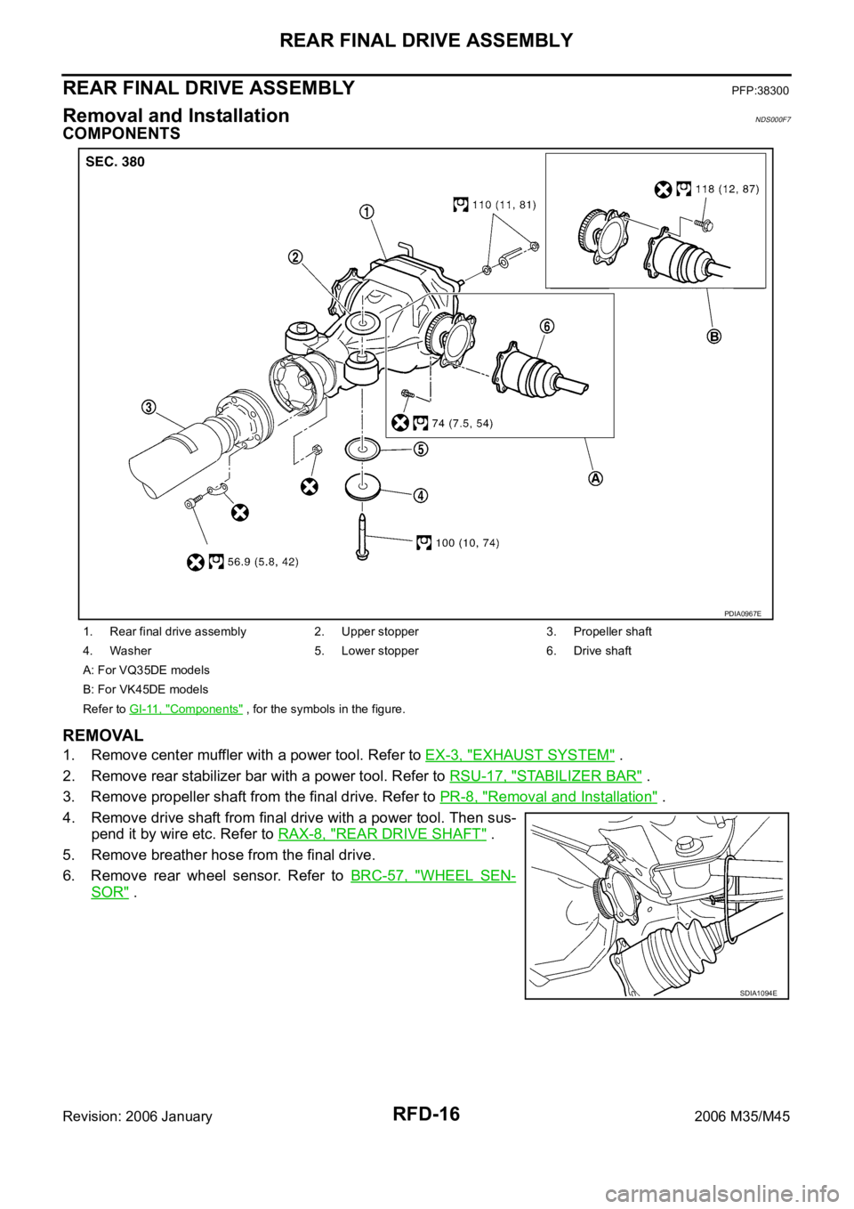 INFINITI M35 2006  Factory Service Manual RFD-16
REAR FINAL DRIVE ASSEMBLY
Revision: 2006 January2006 M35/M45
REAR FINAL DRIVE ASSEMBLYPFP:38300
Removal and InstallationNDS000F7
COMPONENTS
REMOVAL
1. Remove center muffler with a power tool. R