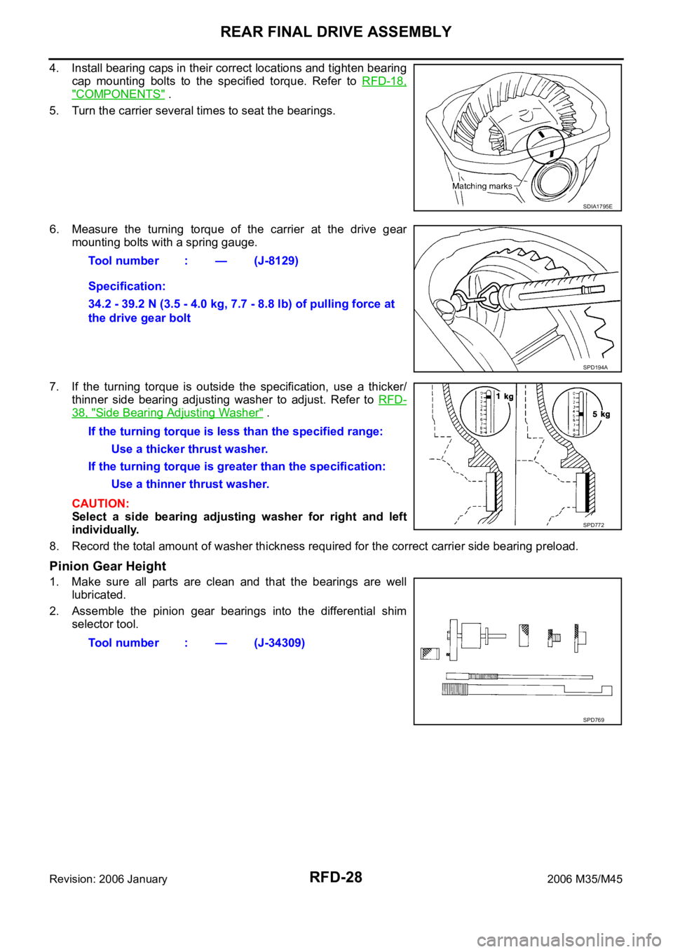 INFINITI M35 2006  Factory Service Manual RFD-28
REAR FINAL DRIVE ASSEMBLY
Revision: 2006 January2006 M35/M45
4. Install bearing caps in their correct locations and tighten bearing
cap  mounting  bolts  to  the  specified  torque.  Refer  to 